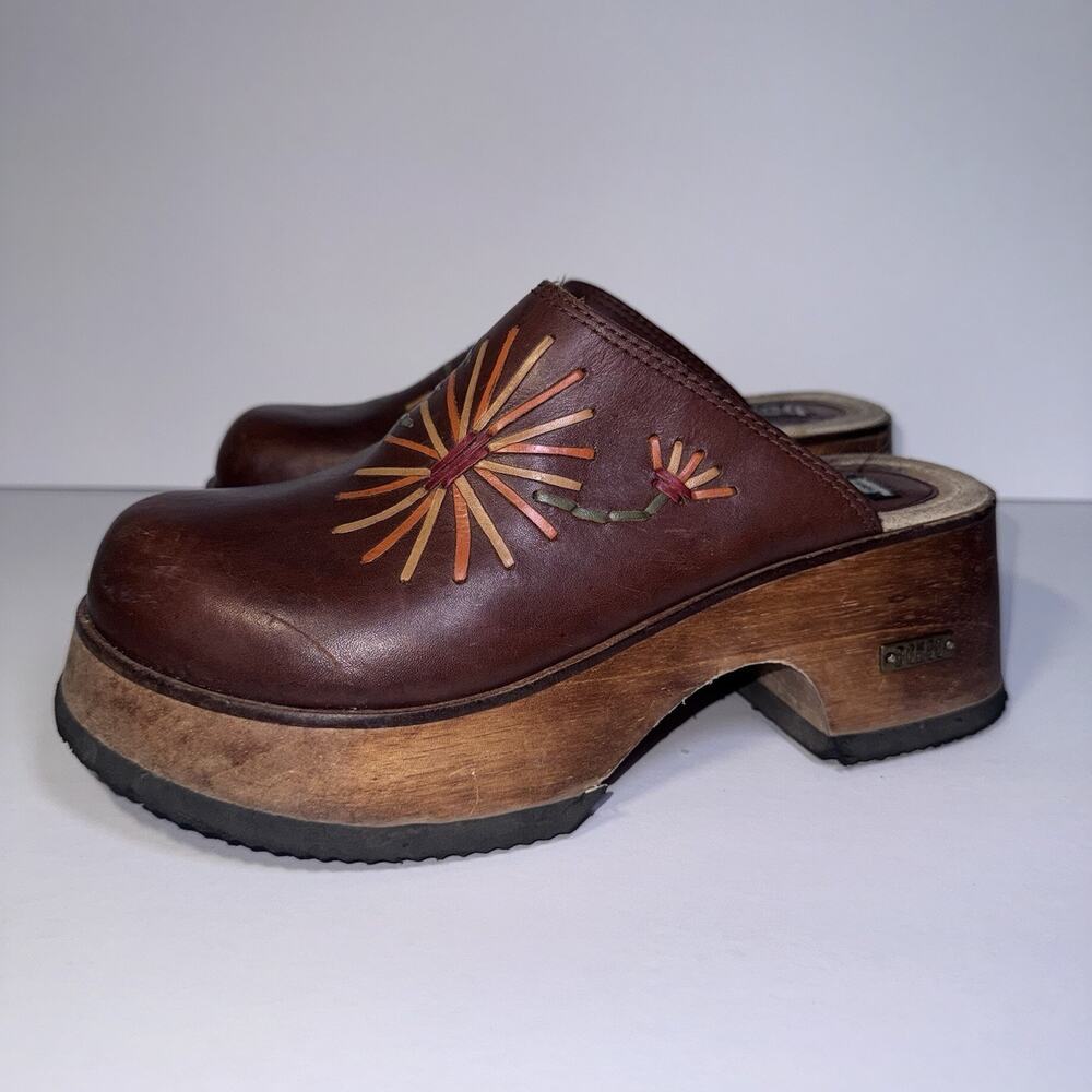Bongo Women's Vintage Clogs Brown Chunky Platform Wedge Heel Size 7 Floral Y2K